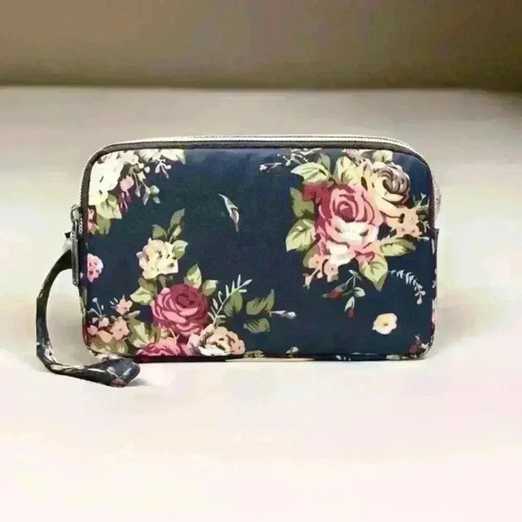 Floral Print Navy Blue Base Small Purse or Makeup Cosmetic Wristlet - Picture 1 of 6